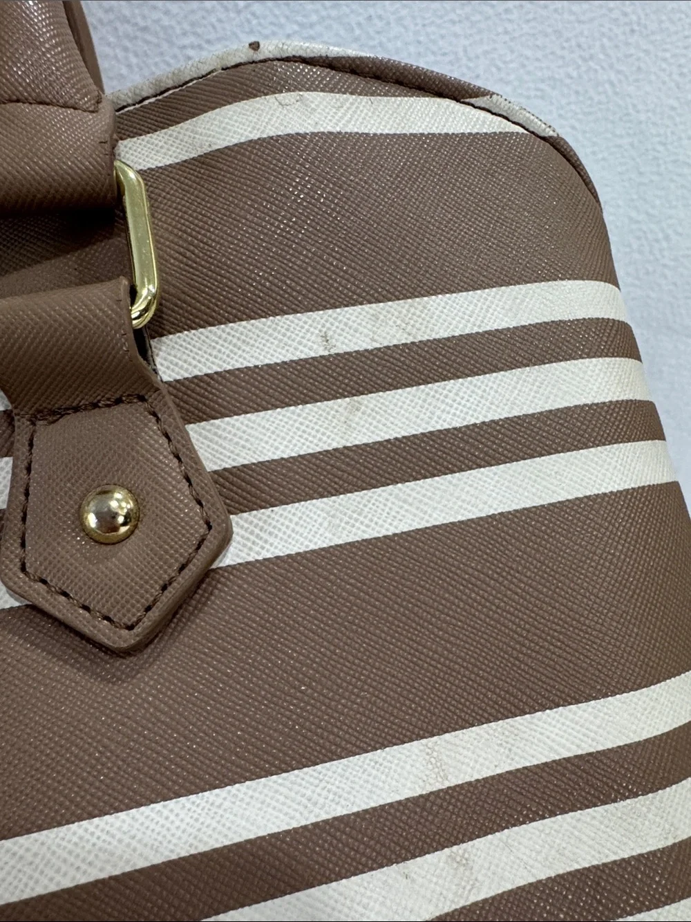 Betsey Johnson Brown and Cream Striped Satchel with Bow Charm